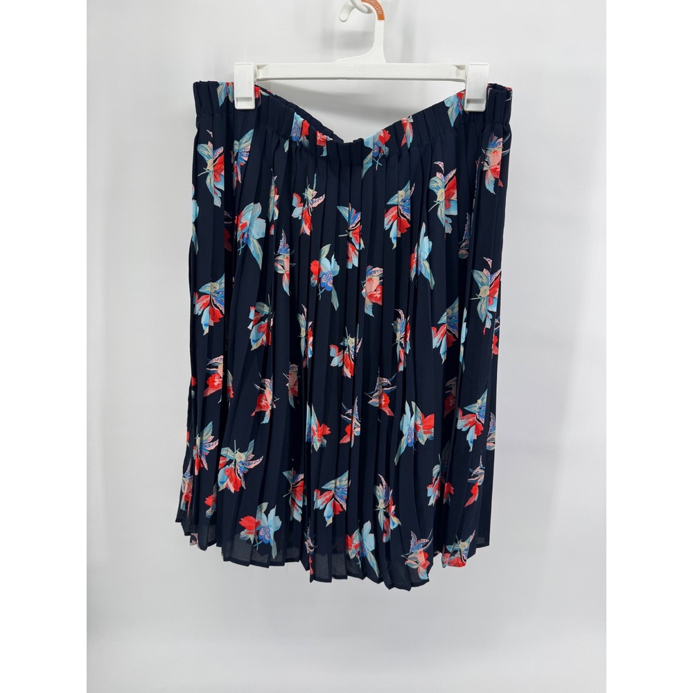 Feminine vintage-inspired Navy Floral Pleated Midi Skirt 2X Elastic Waist NWT